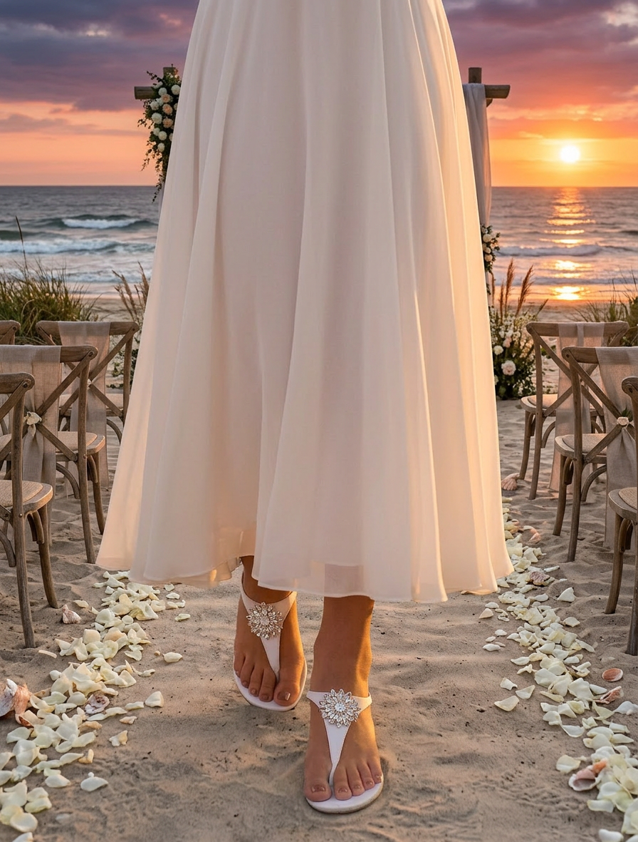 HANYA white leather bridal sandal with handmade Swarovski crystal flower, ideal for beach weddings and destination brides