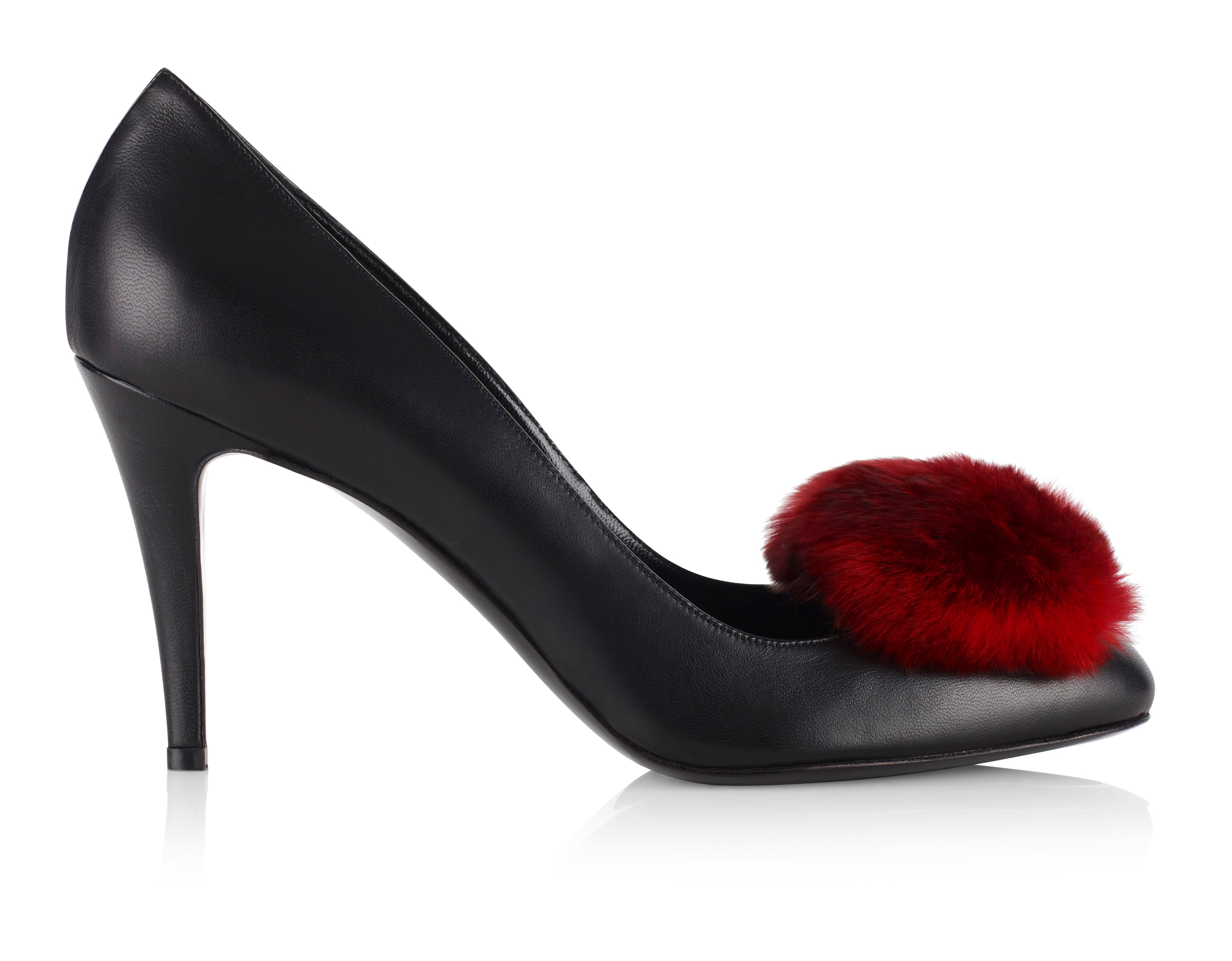CODA Black Pumps with Detachable Red Fur Trim