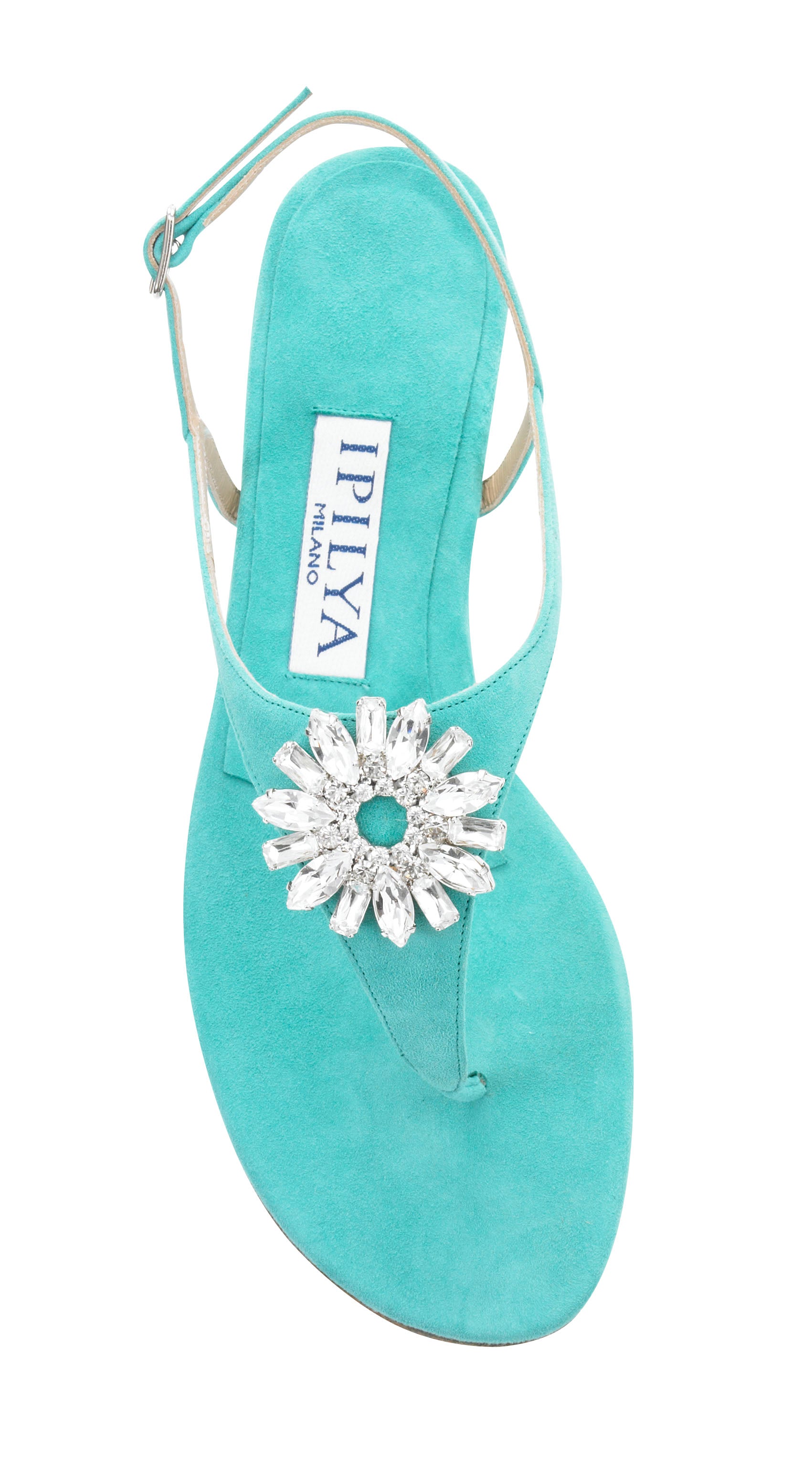 HANYA Swarovski Crystal Flower Turquoise Flat Sandals | Designer Shoes Online