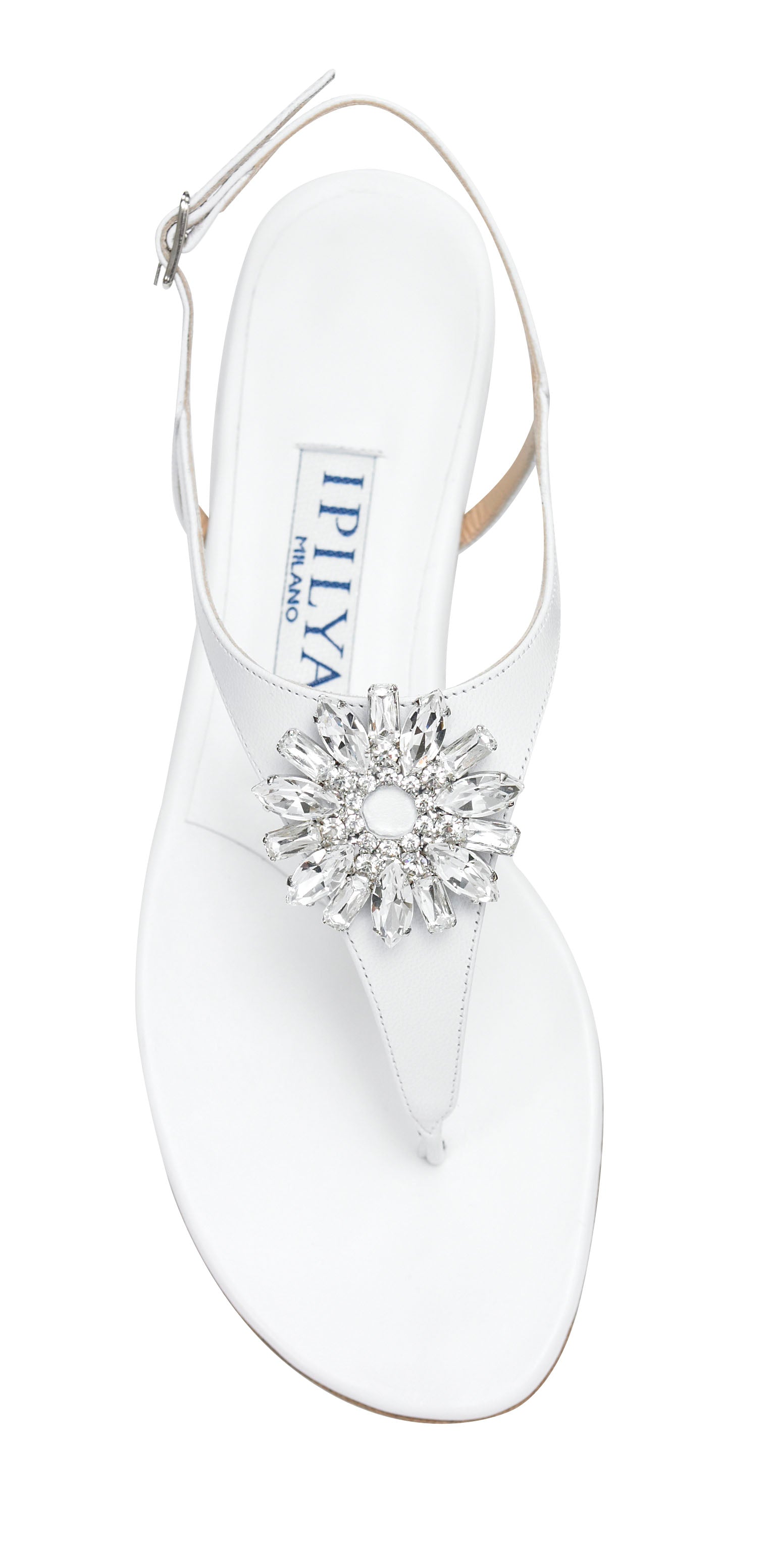 HANYA Swarovski Crystal Flower Flat White Sandals
