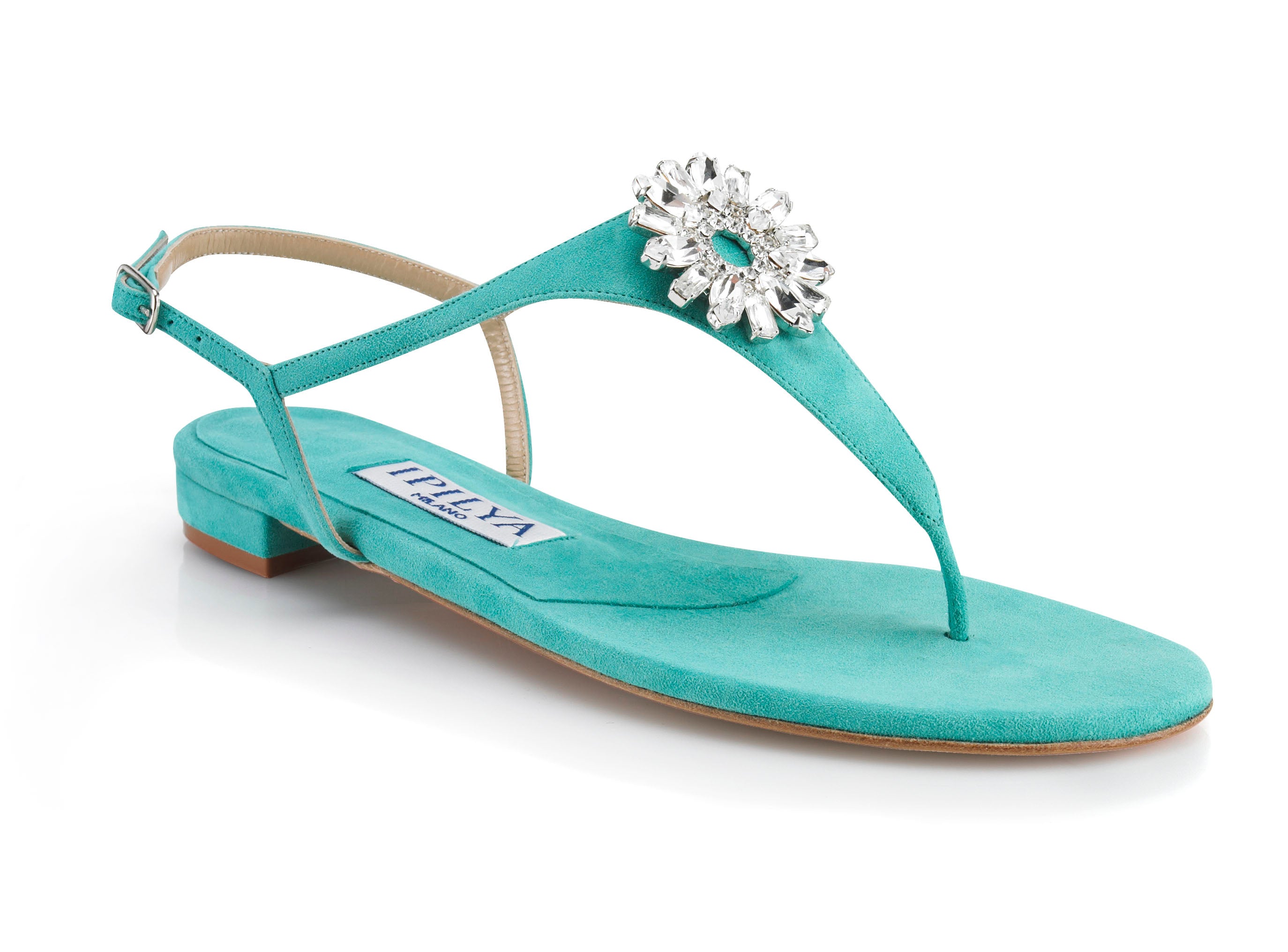 HANYA Swarovski Crystal Flower Turquoise Flat Sandals